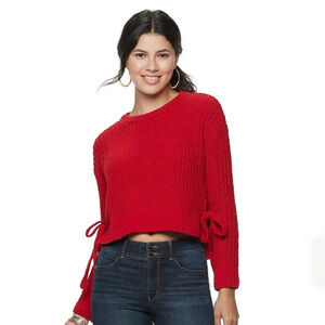 Juniors’ Candie’s Long Sleeve Hi-Lo Pullover Cropped Bow Sweater Red size XS